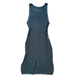 Black Crochet Mesh Knit Tank Dress with Side Slits One Size